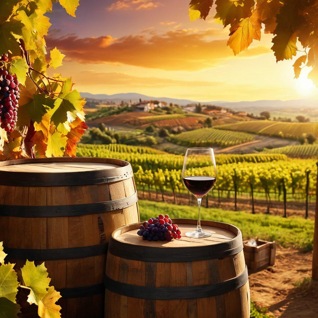 A picturesque vineyard with sprawling grapevines under a golden sunset, an elegant wine glass catching the light, and a rustic wooden barrel beside it. Include elements of business such as charts or graphs subtly embedded in the landscape, symbolizing growth and success. The overall scene should exude warmth and sophistication, capturing the essence of wine production and business efficiency. super-realistic. vibrant colors. peaceful atmosphere.