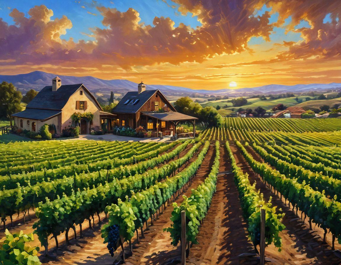 A detailed landscape showcasing a picturesque vineyard with lush grapevines under a golden sunset. Include a pathway leading to a rustic tasting room surrounded by wine barrels and grape bunches. Depict workers harvesting grapes in the foreground, transitioning to patrons enjoying wine in the tasting room. Integrate elements of sustainability, like solar panels or organic farming practices, in the background. vibrant colors. painting.